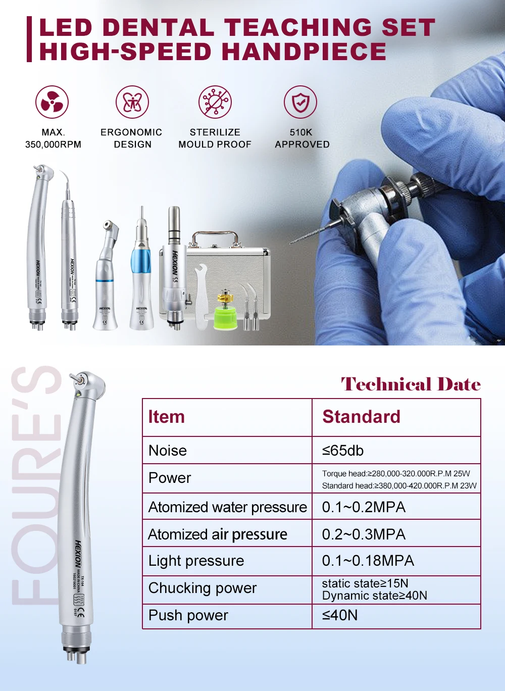 5-in-1-LED-3-Wasserspray-Hochgeschwindigkeits-Turbine + Dental-Handstück-Set mit niedriger Geschwindigkeit, Metallbox, Druckknopf, autoklavierbar, Klinikausrüstung