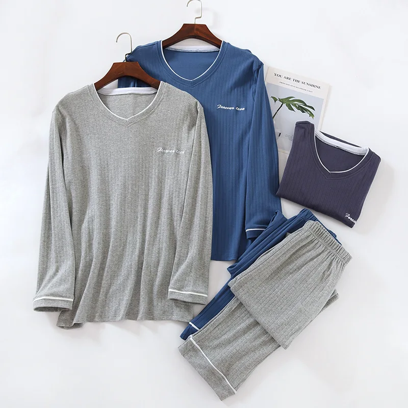 

Long Sleeve Pullover Tops with Pants Pajamas Sets Fir Men's Spring and Autumn Cotton Large Size Warm Homewear Pyjamas Men