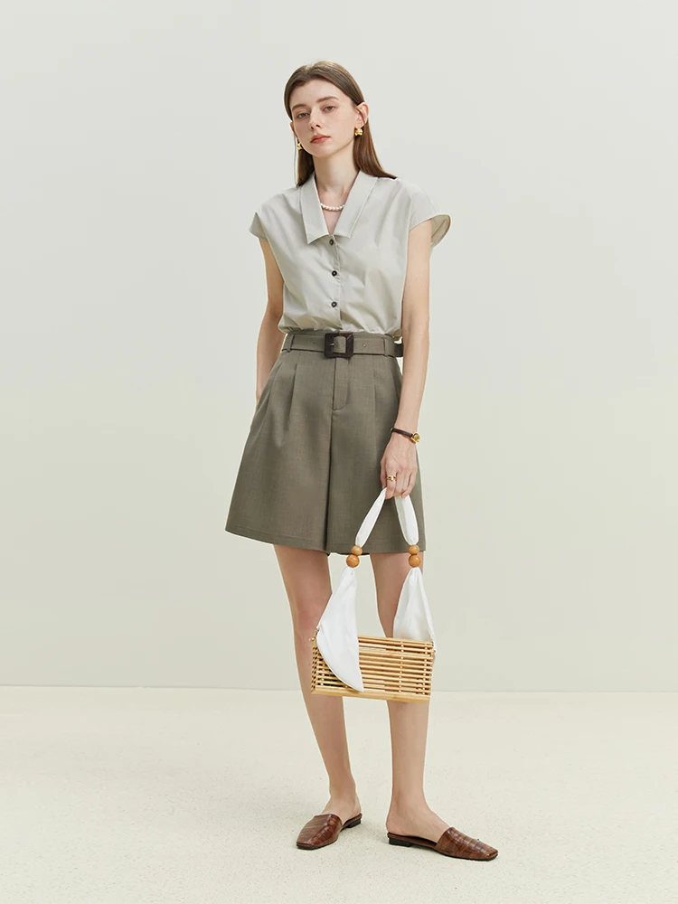 FSLE Commuter Design Sense Waist Shorts for Women Summer New Office Lady Loose High Waist Casual Wide Leg Solid Pants Female