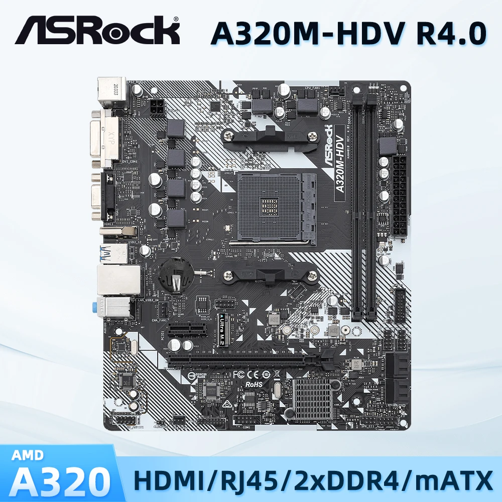 

ASRock A320M-HDV R4 AMD AM4 Socket Supports A6-9400 9500 A8-9600 A10-9700 A12-9800 A320 Chipset 2x DIMM Max. 32GB DDR4 Micro ATX