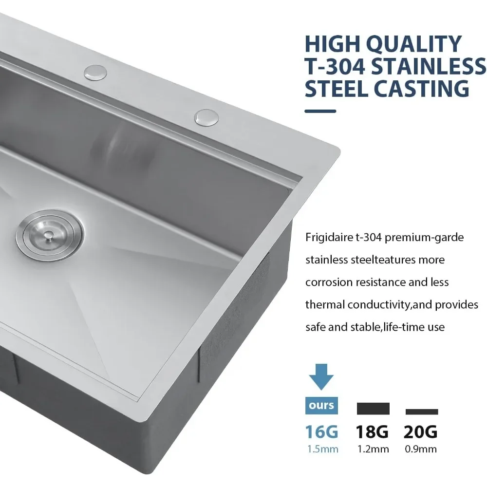 NEW-33 Drop In Kitchen Sink Workstation 33x22 Kitchen Sinks Drop In Stainless Steel 16 Gauge Single Bowl Handmade Topmount Sink