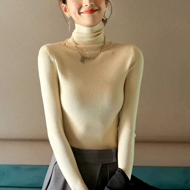 

Korea Japan Stylish Autumn Women's Sweaters Full Sleeve Turtleneck Solid Elegant Classic Basic Winter Female Pullover C5124