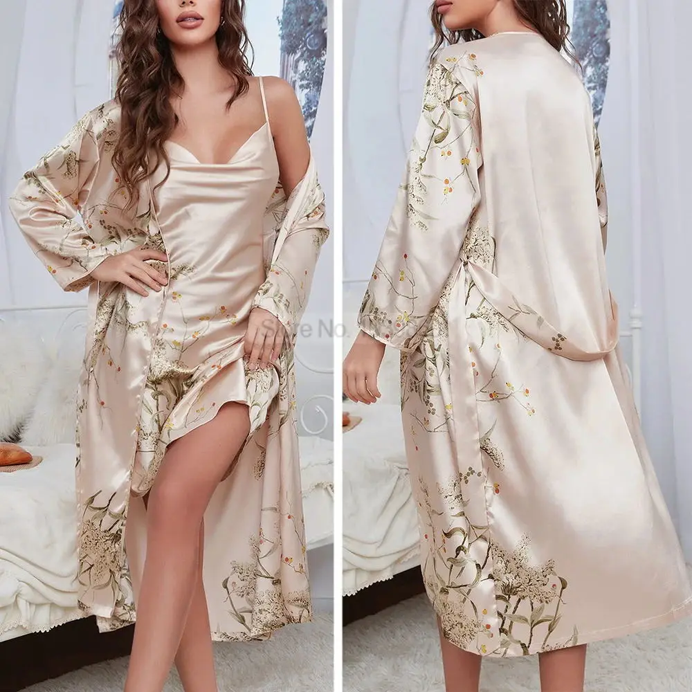 

Spring Summer Female Nighty&Robe Nightgown Set Sexy Print Cherry Kimono Bathrobe Gown Loose Satin Home Dressing Gown Nightwear