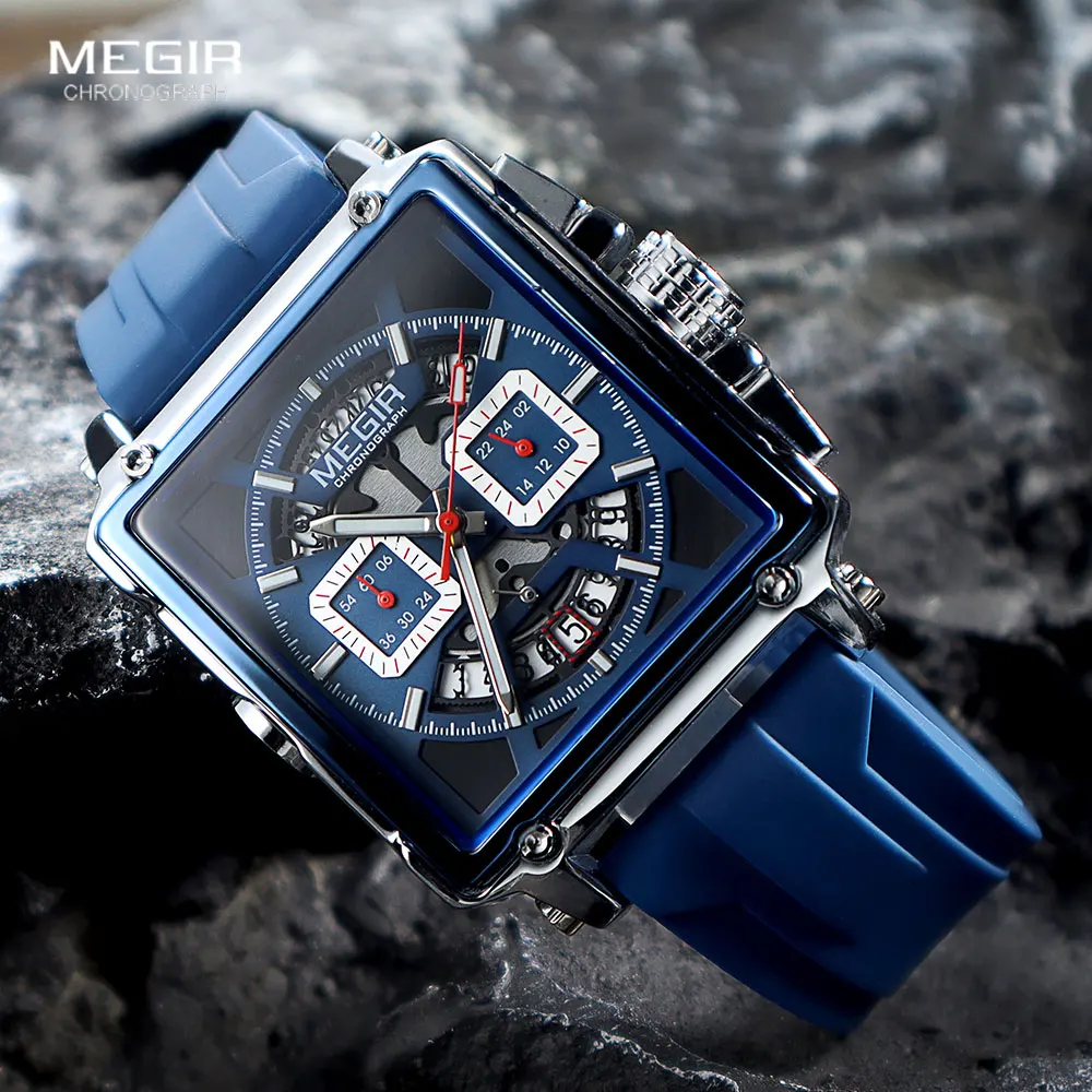 MEGIR Square Dial Sport Quartz Watch Men Fashion Waterproof