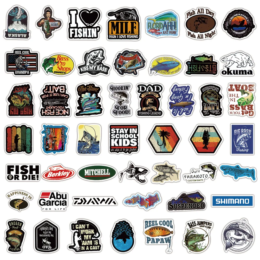 50/100Pcs Cartoon Outdoors Fishing Stickers Waterproof Ornament Luggage Refrigerator Skateboard Water Cup stationery Doodle