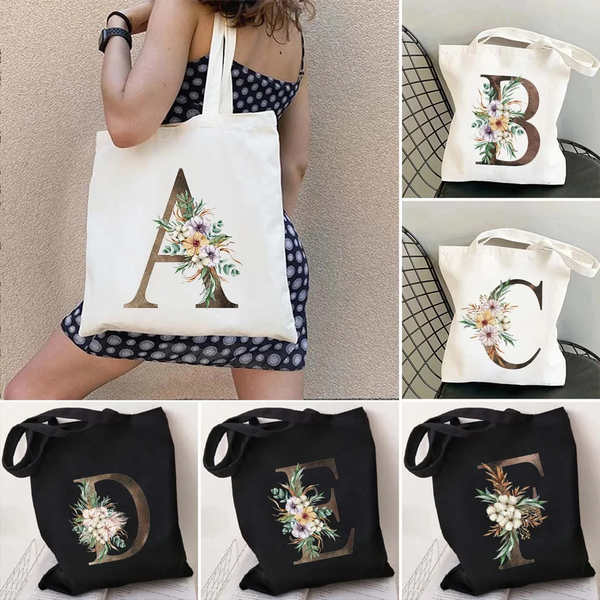 

Watercolor Floral Wedding Monogram Flowers Initial Letter Print Women's Canvas Shopper Totes Bags Eco Reusable Shopping Handbags