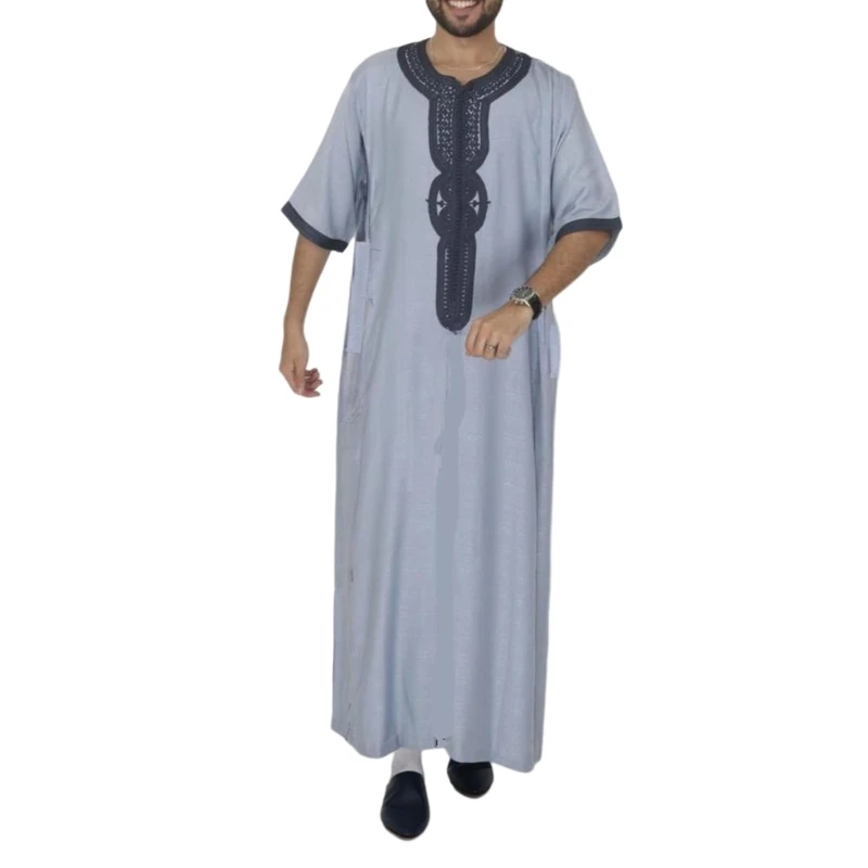 Mens Robe Muslim Clothes Loose Crew Neck Arab Middle Durable Kaftan Muslim Thobe Dubai Long Sleeve Gown Ethnic Clothes