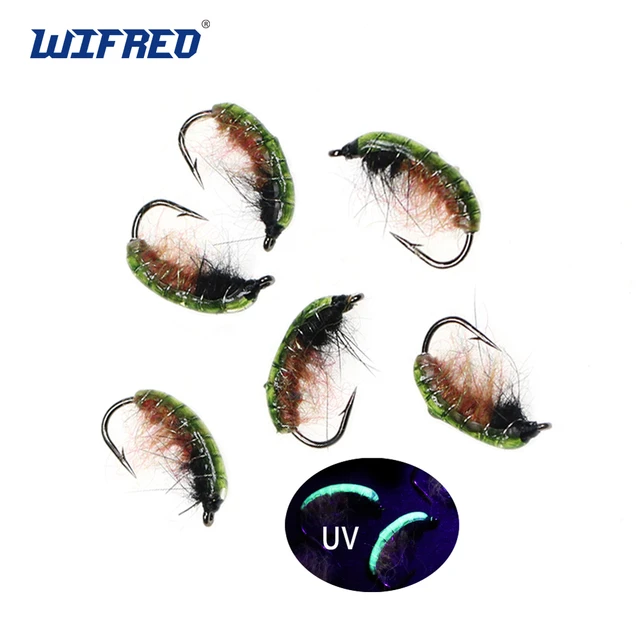 1 ICERIO 6PCS UV Green Back Nymphs Scud Bug Worm Flies With Barbed