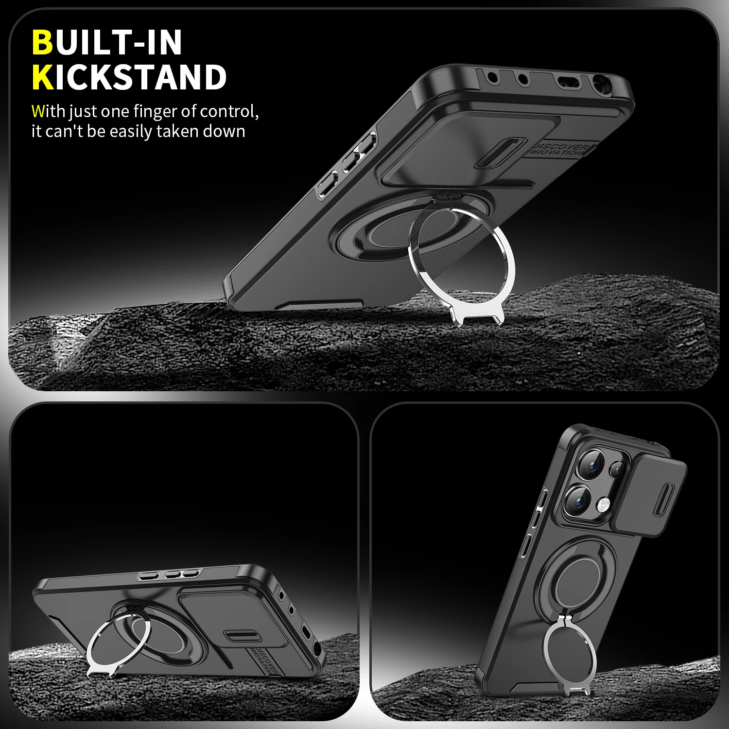 Slide Lens Protect Armor Phone Case with Magnetic Ring Holder
