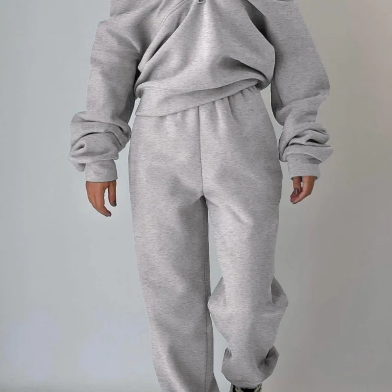 2024 Autumn/winter New Women's Fashion Fleece Thick Sports Leisure Solid Color Zipper Long Sleeve Pants Two-piece Women's Suit
