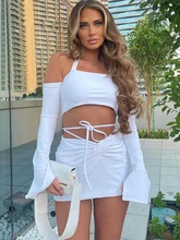 

Sexy Set Woman 2 Pieces Long Sleeve Crop Top Bandage Mini Dress Womens Outfits Skinny White Dress Sets Y2K 90s Pink Knitted Suit