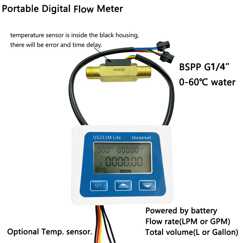 

US211M Lite USC-HS41TA 0.5-3.5LPM Digital Flow Meter 5V Flow Reader Compatible with all our hall effect water flow sensor& temp