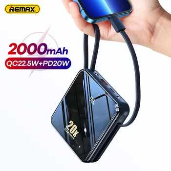 Remax Mini Power Bank QC 22.5W 20000mAh 10000mAh for iPhone Huawei Xiaomi PD20W Fast Charging External Battery Built 3 Cable