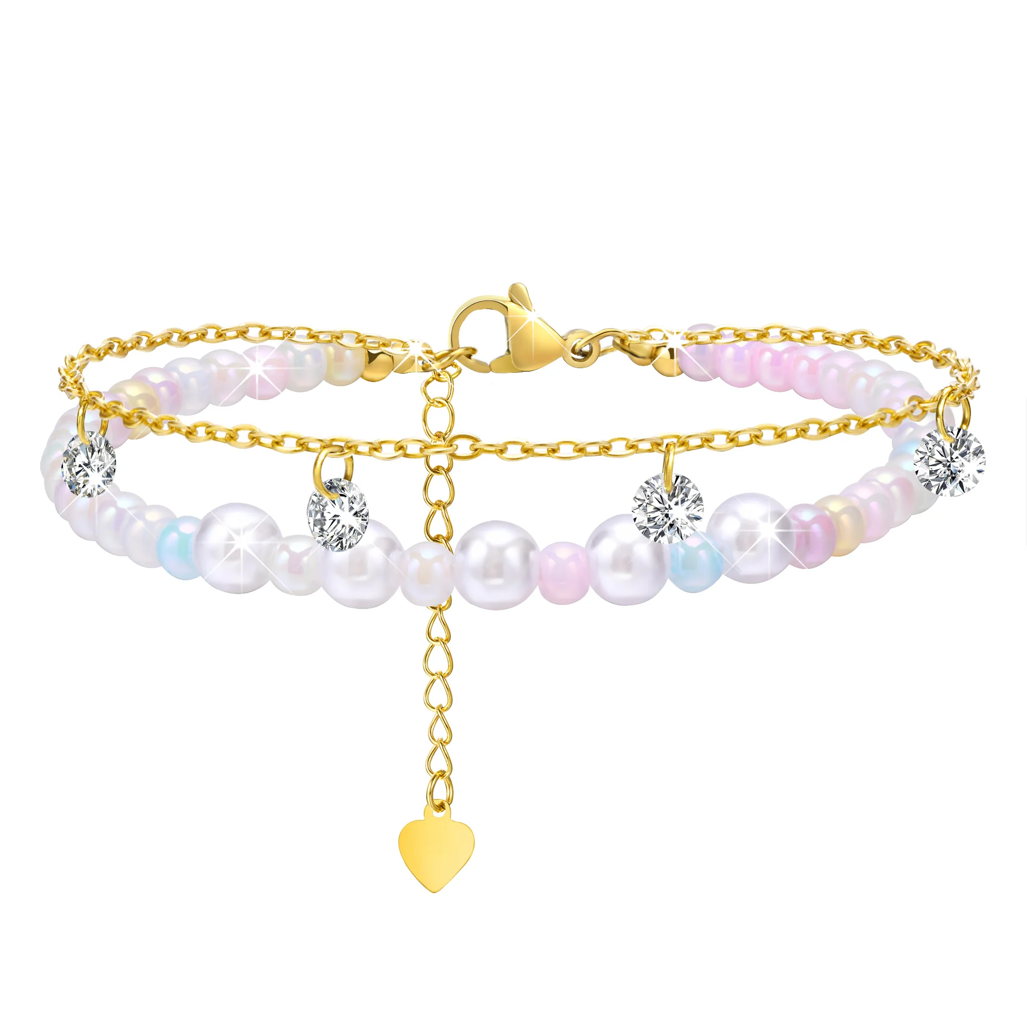 Pearl Strand Beaded Bracelet, Layered Doubld Chain Stainless Steel 18k Gold Plated,CZ Dangling Charms Birthday Gift