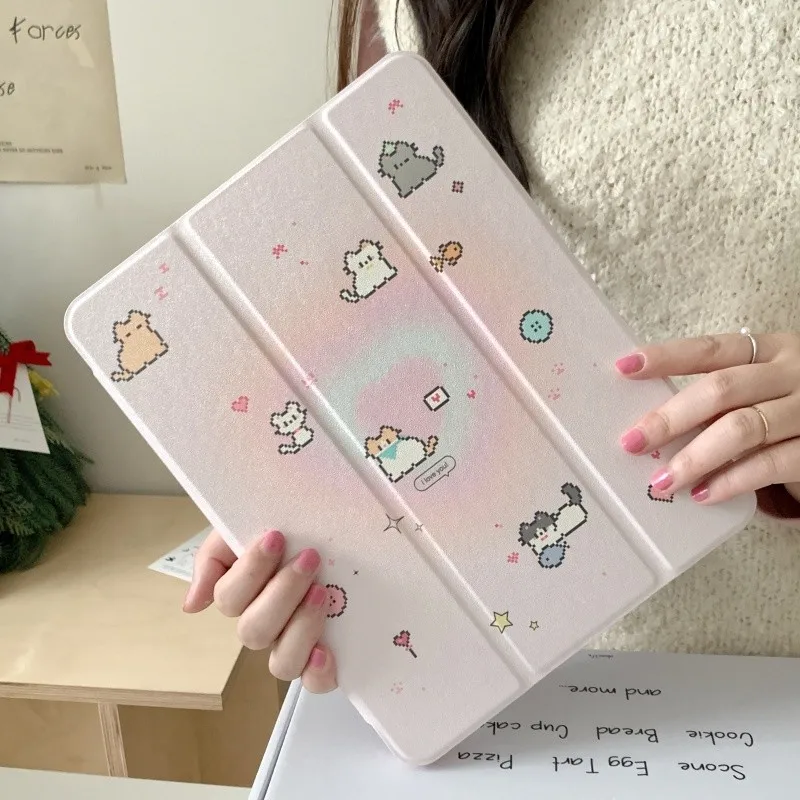 Tri-Fold Mirror Tablet Case with Pencil Holder and Cute Pixel Art Cat Design
