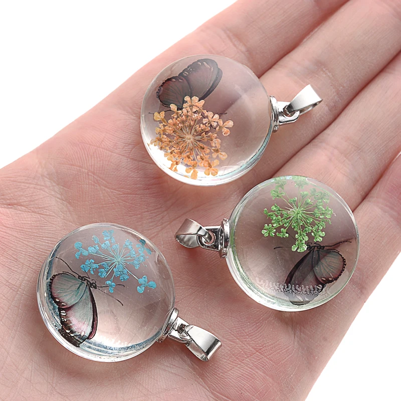 Glass Pendant 3Pcs Real Flower Butterfly Charm Transparent Round Glass Pendant Necklaces Dried Flower Necklace For Women Party Jewelry Gift