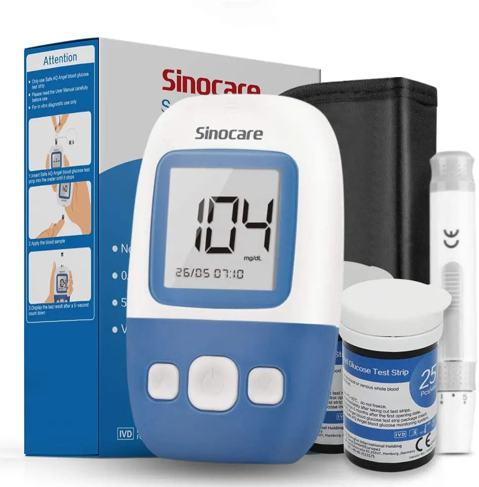 Sinocare Safe AQ Angel Blood meter kit 25 meter kit 100 Glucose Meter Glucometer and Test Strips Needles Diabetes Medical Device