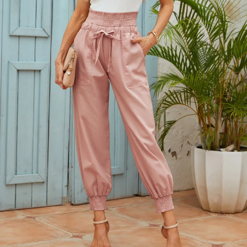 Casual Spring Summer Women's Clothing Pockets Solid Pants Drawstring Loose-fitting Cotton Linen High Waisted Pencil Trousers