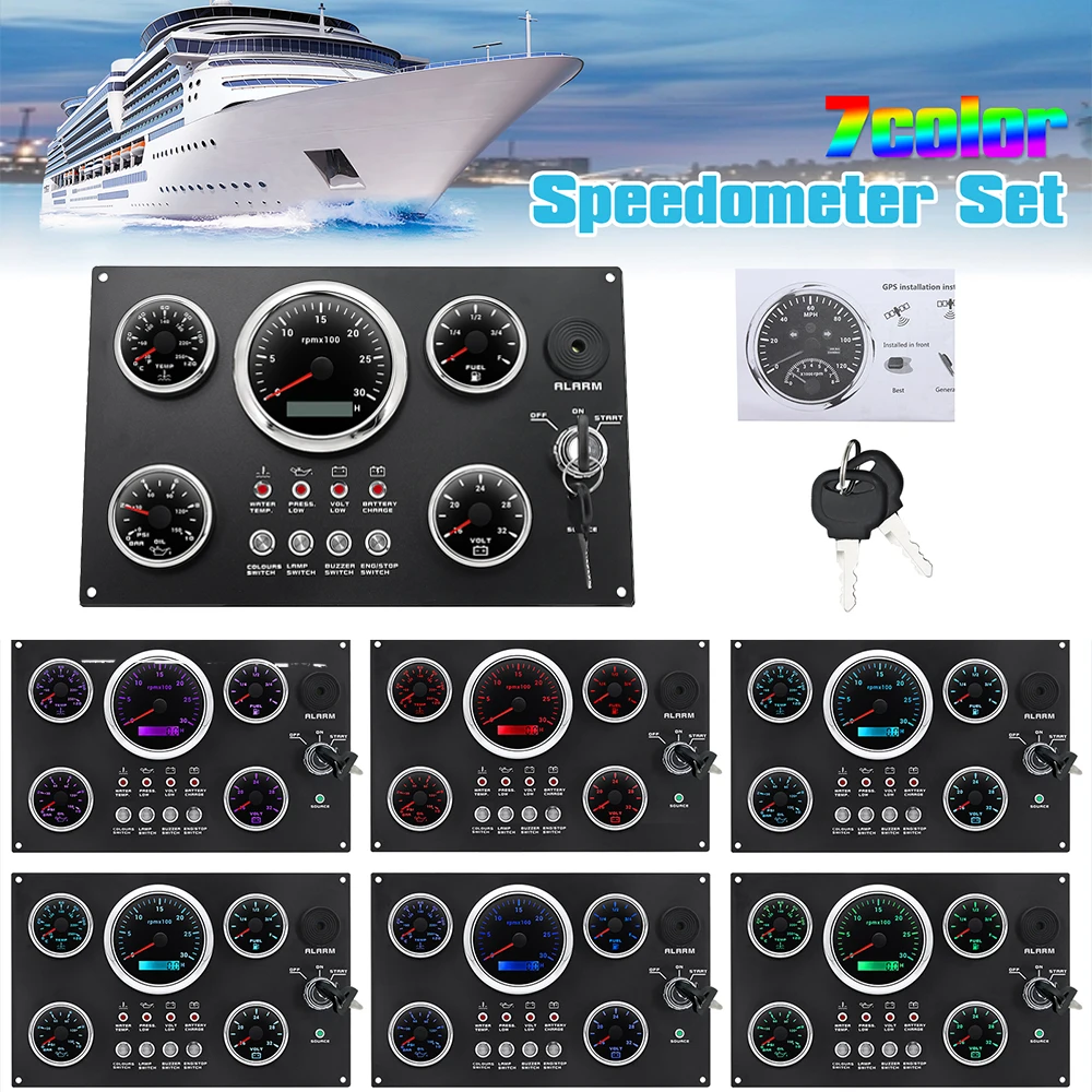 보트 대시 보드 12v 스위치 패널, 보트 엔진 수온 + 오일 압력 + 전압 + 3000rpm-8000rpm 타코미터 7 색 백라이트