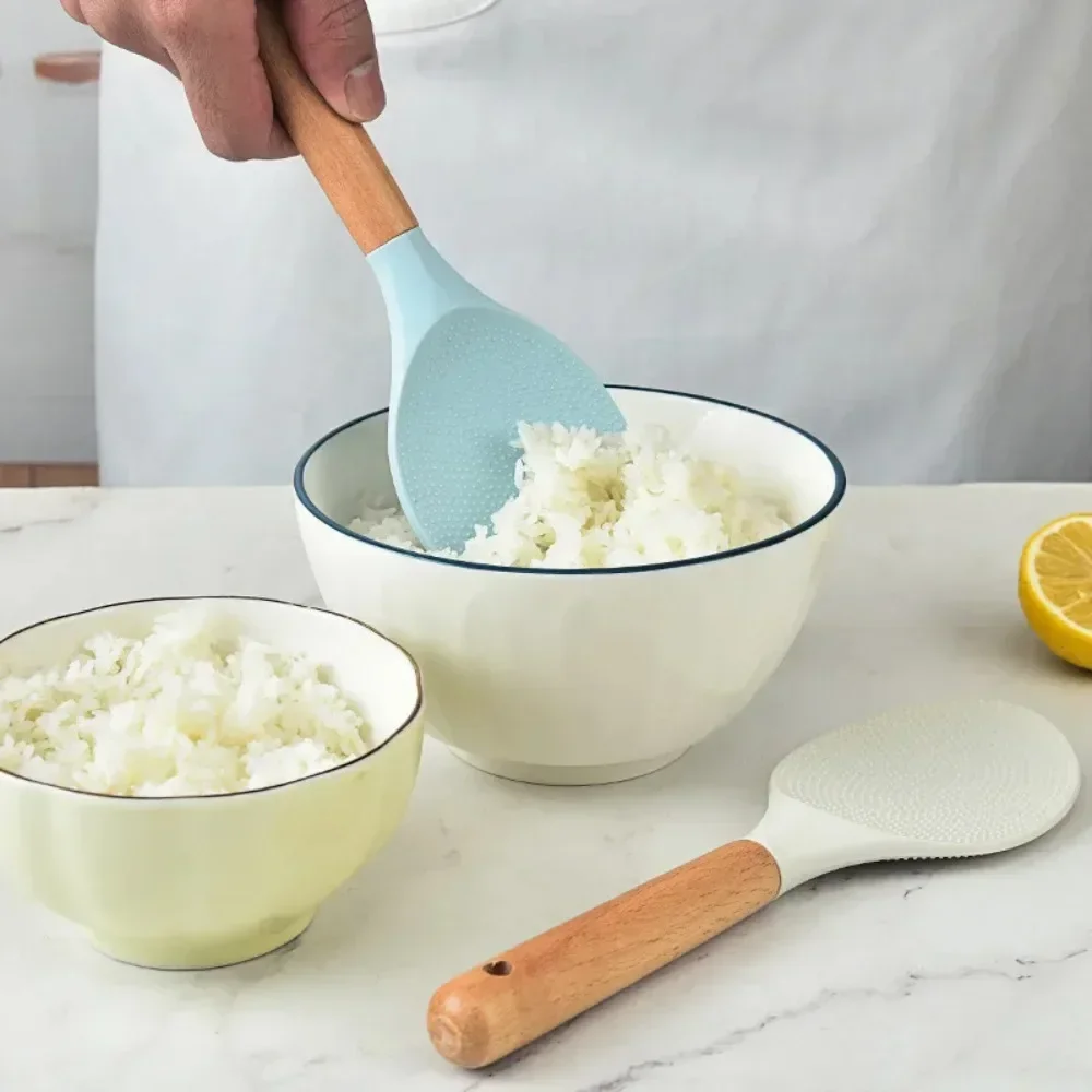 Eco-friendly Silicone Rice Spoon Wooden Handle Non-stick Rice Cooker Shovel Food Cooking Scoop Kitchen Accessories