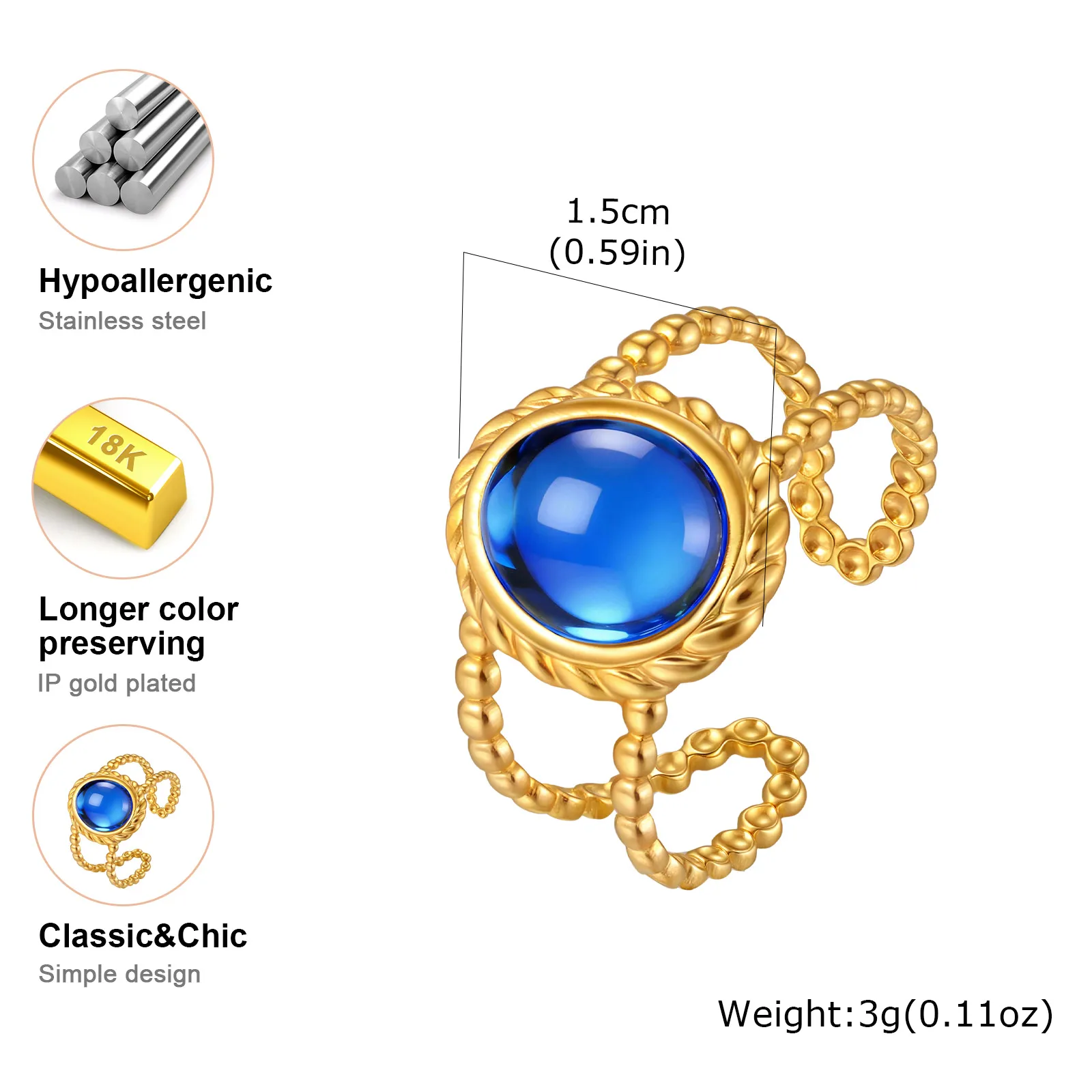 Edelstahl Geometrischer Doppelschichtiger Offener Ring für Damen, Luxuriöser Vintage Türkis-Ring, Wasserfester Ästhetischer Schmuck – Detail 11