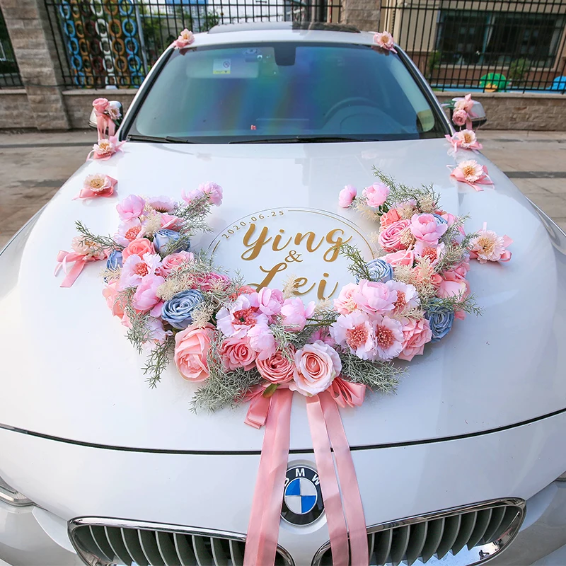 

ONE Set Simulation PINK Wedding Car Decoration Products Wedding Ceremony Mirror Handle Outdoor Flower Decoration