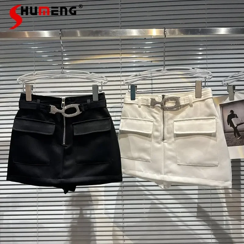 Women's Slimming Short Skirt 2023 Summer New Niche Rhinestone Belt Pocket Temperament Hot Girl Exposure-Proof Mini Skirt maternity photography props sexy luxury fashion shiny body chain rhinestone tassel skirt photography studio accessories