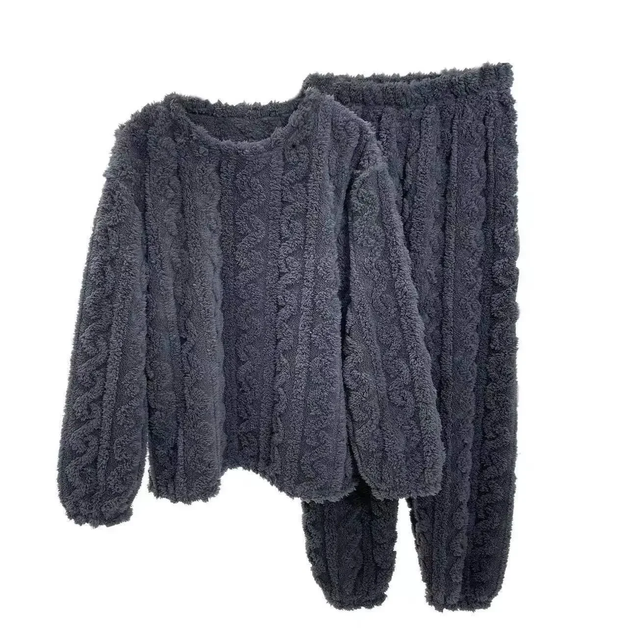 Women 2 Piece Sets Winter Velvet Ribbed Fleece Pullover And Pants Sleepwear Casual Pajama Sets