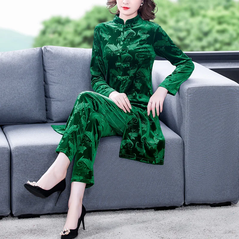 Tang Sui Chinese Style Women Gold Velvet New Year Clothing Spring Tops And Full Pants Two Piece Set Hanfu 5XL WD59
