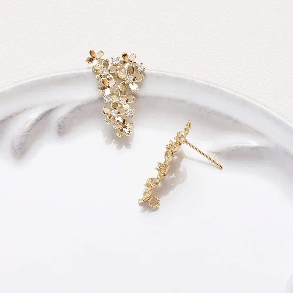 꽃 귀 스터드 귀걸이, DIY 수제 황동 제작, 쥬얼리 조사 부품, 14k 금도금, 15*22mm, 2 개