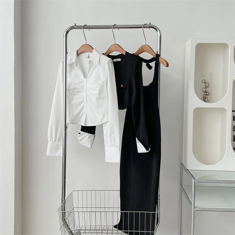 Y2K 3-piece Set Women Crop Coat Blazer White Shirt Halter Sleeveless Bodycon Midi Dress Autumn New Female Korean Chic Outfits