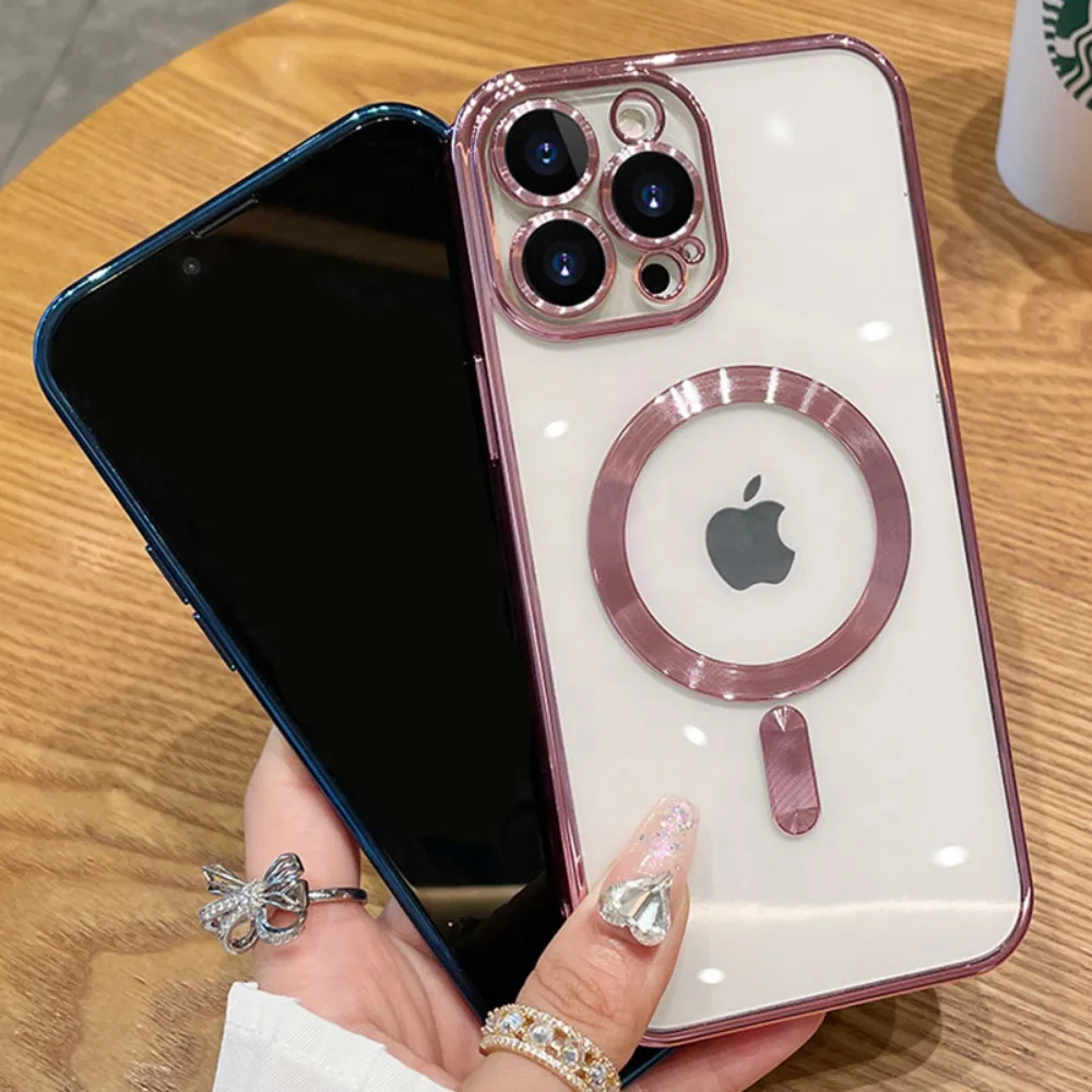 Luxury Transparent Pink Soft Plating Case with Magnetic Lens Protection