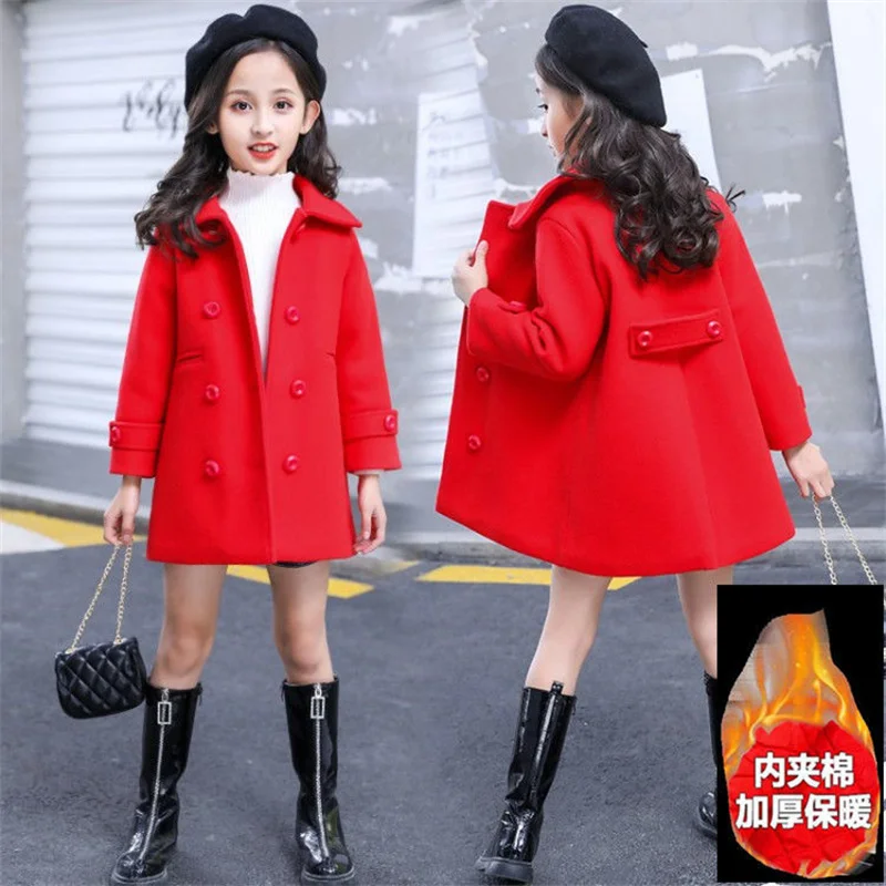 Girls Woolen Coat Jacket Outwear 2022 Solid Plus Thicken Spring Autumn Cotton Overcoat Comfortable Teenagers Tops Children's Clo