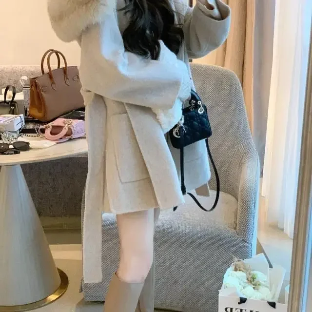 Woolen Coat Female Winter Medium Length Korean Version Loose Large Hairy Collar Small Person Hepburn Wind Thickened Woolen Coat