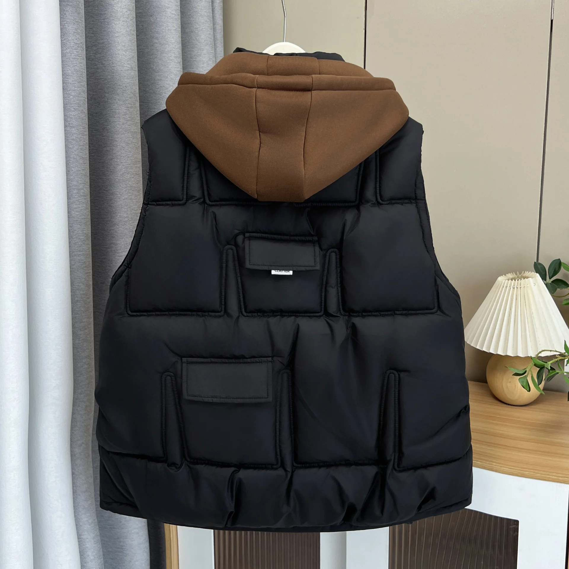 XXXXXL Fashion Plus Size Women's Padded Vest 2025 Winter Korean Style Fake two-piece Hooded Warm Sleeveless Zipper Parka 6875