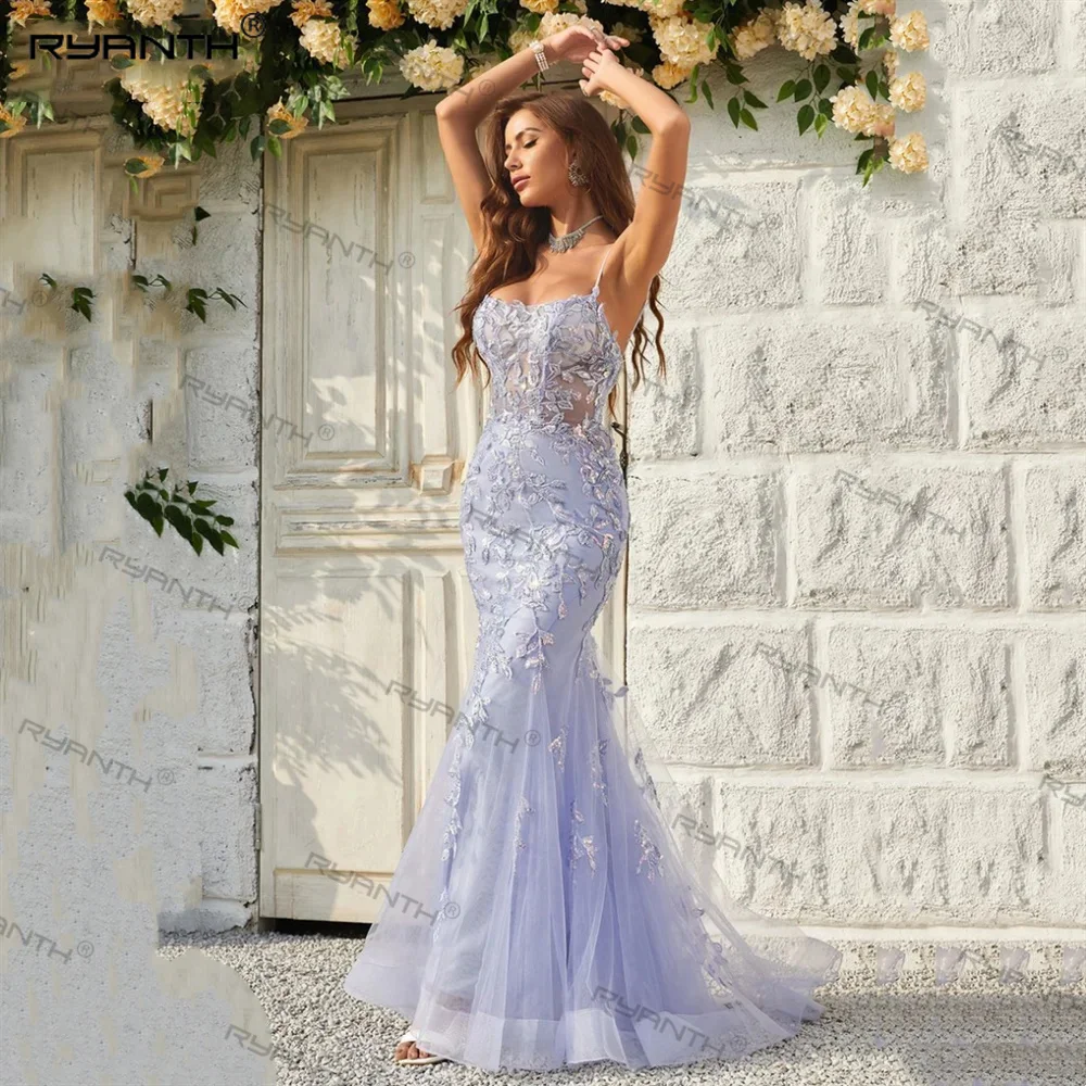 

Ryanth Lavender Sexy Backless Mermaid Prom Dress Spaghetti Strap vestidos de fiesta Lace Embroidery Tulle Evening Dress 2024