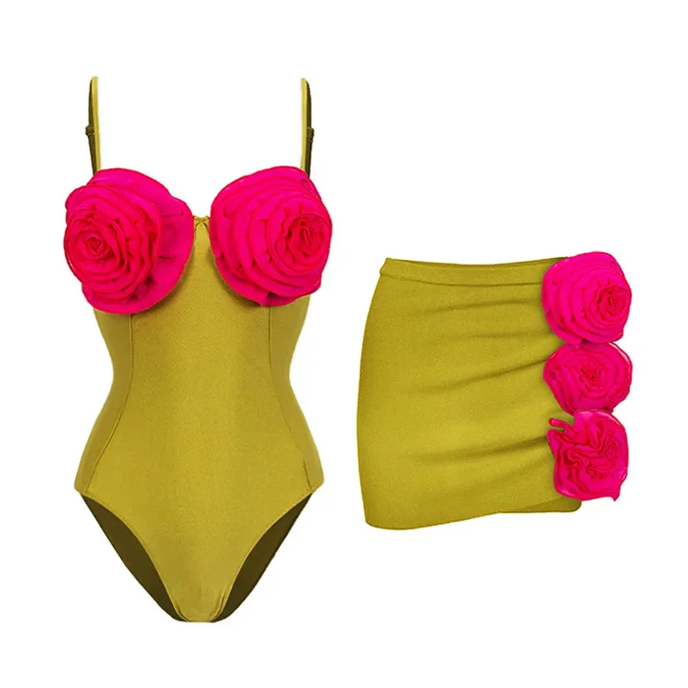 2024 Women Sexy 3D Flower One Piece Swimsuit Halter Swimwear Push Up Beach Dress Summer Monokini Skirt Bathing Suit