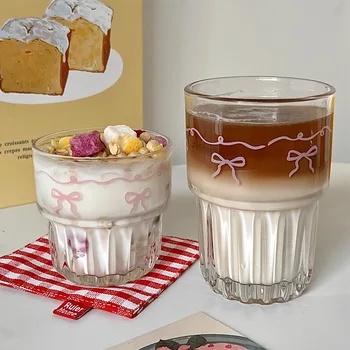 1PC Kawaii Bowknot Tazza di vetro Tazza di vetro giapponese Tazza di latte Trasparente per tazza di caffè caldo freddo Tazza per bere Bicchieri da cucina Tazze 1