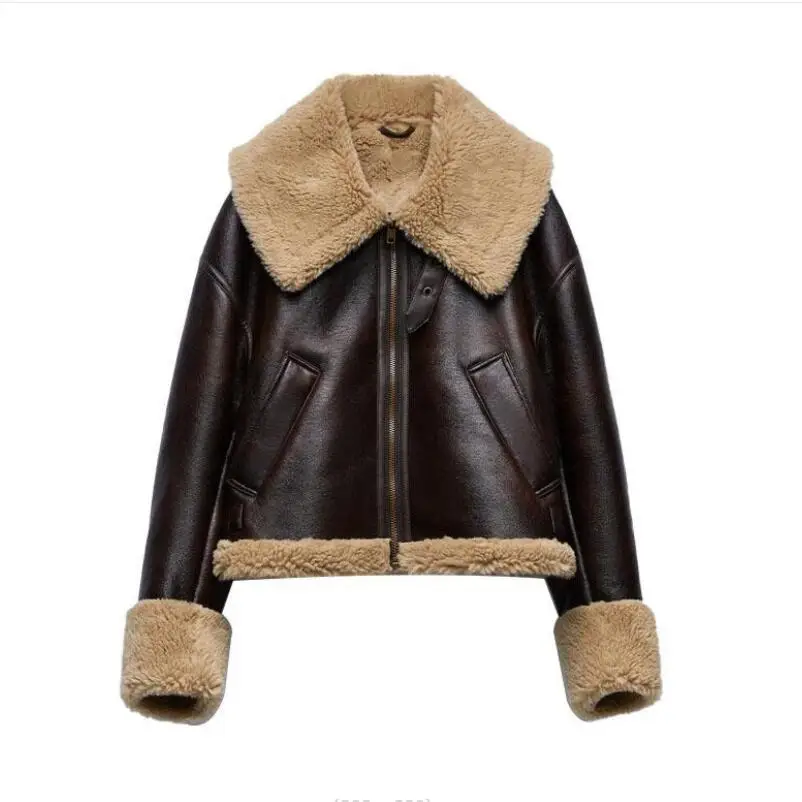 

Faux Leather Jacket 2022 Women's Winter Coat Lambskin Faux fur Effect Zipper Pu Jacket with Extra warmth Femme Warm Tops p626