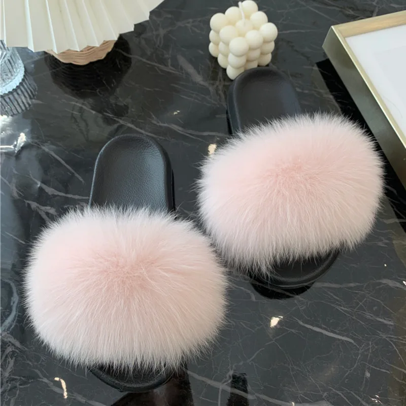 Real Fur Slides Summer Fox Fur Slippers Women Indoor House Ladies Fur Sandals Furry Flip Flops Plush Shoes Woman EVA Slippers — view 4