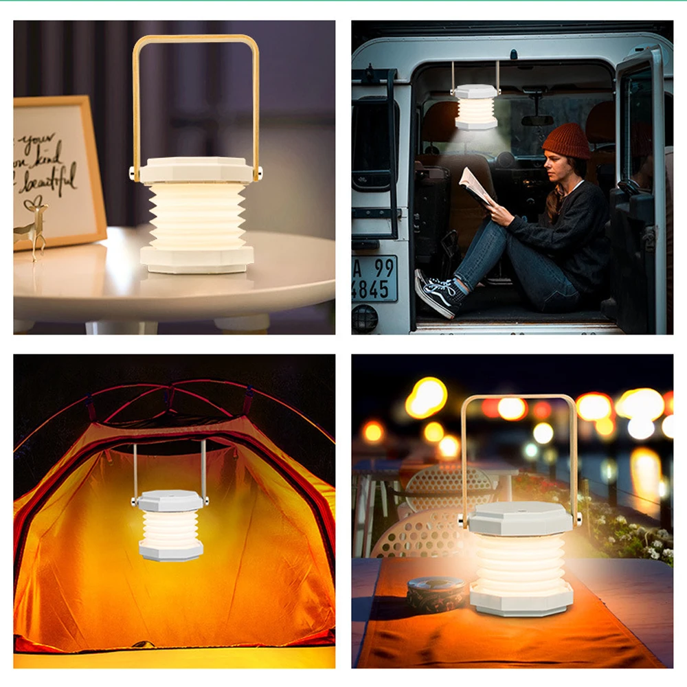 Portable LED Lamp Lantern USB Wooden Handle Telescopic Folding Garden Home