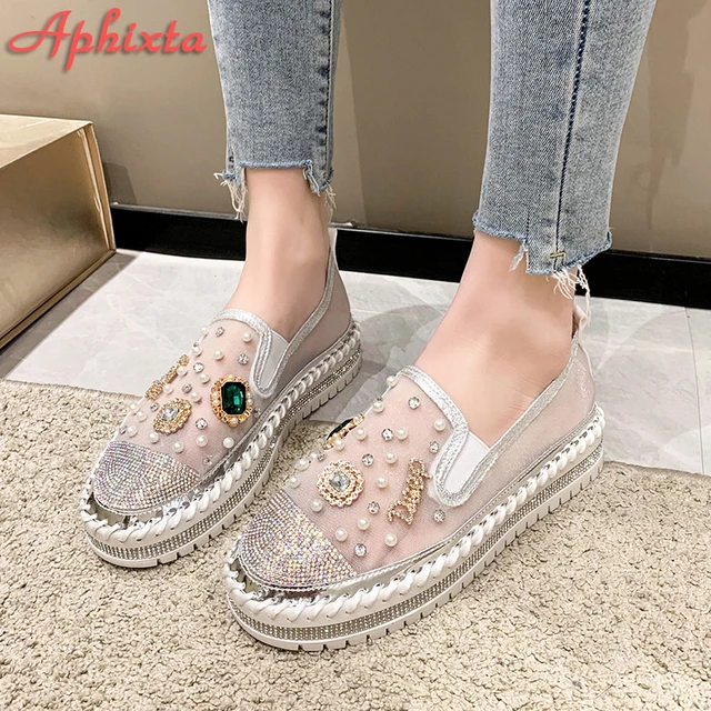 Aphixta Hot Summer Air Mesh Luxury Crystals Diamonds Pearl Flats Platform Shoes Loafers Woman Pink Cool Shoes Plus Size 44 - AliExpress