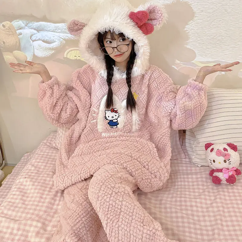 

Kawaii New Sanrio Hellokitty Coral Velvet Pajama Lady Autumn and Winter Hooded Cartoon Long-Sleeved Homewear Cute Flannel Set