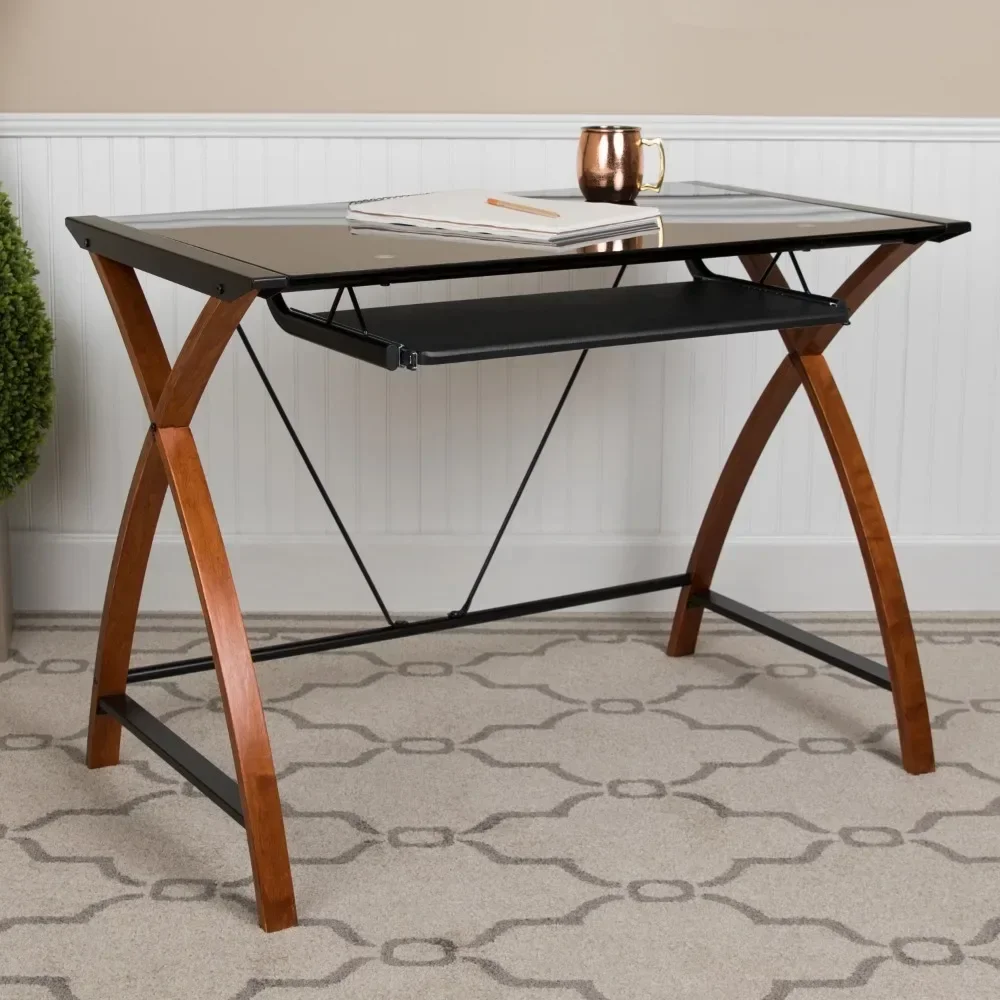 

Reading Desk Black Glass Computer Desk With Pull-Out Keyboard Tray and Crisscross Frame Furniture Room Desks Table Pliante Study