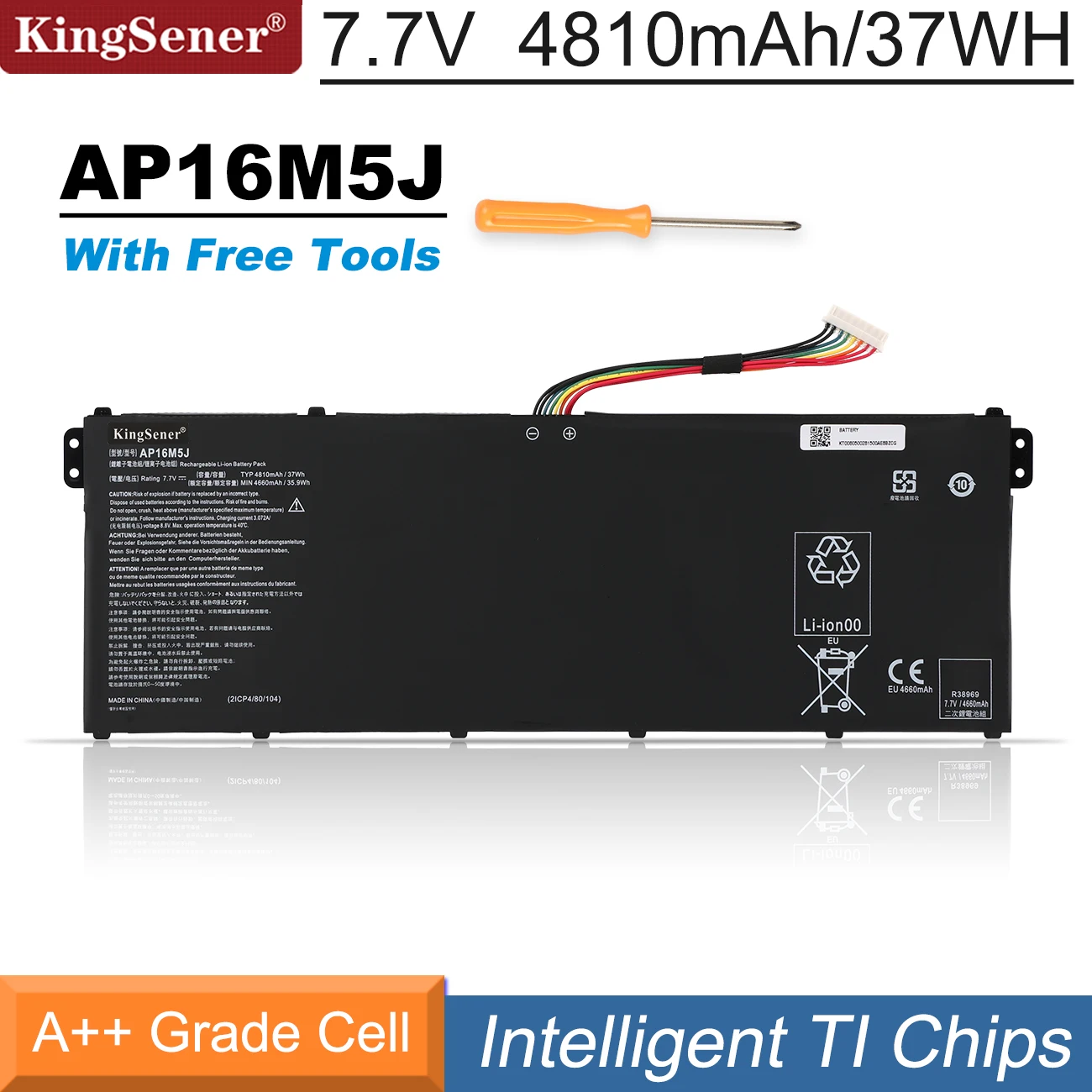Batteria Per Laptop Kingsener Ap16M5J Acer Aspire 1 Per Aspire 3 A315-21 A315-51 Es1 A114 A315 Kt.00205.004 7.7V 4810Mah 37Wh