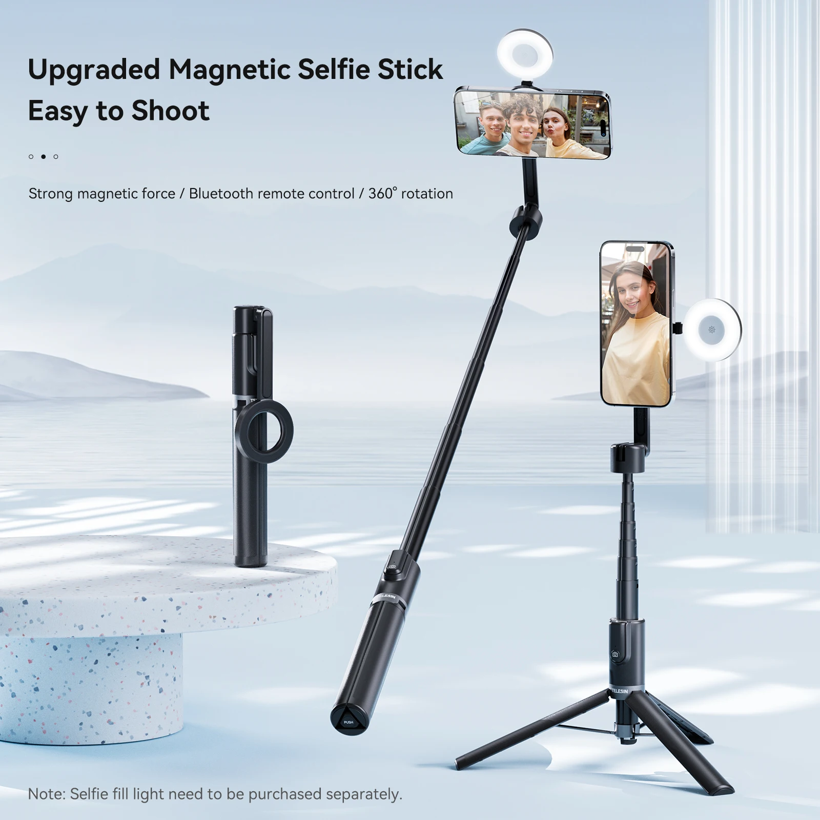 TELESIN Magnetic Selfie Stick Tripod with Remote Magsafe Cellphone Stand for iPhone 14 13 12 Pro Max Vertical Shooting selfie stick tripod cell phone selfie stick smartphone selfie stick selfie stick phone selfie tripod