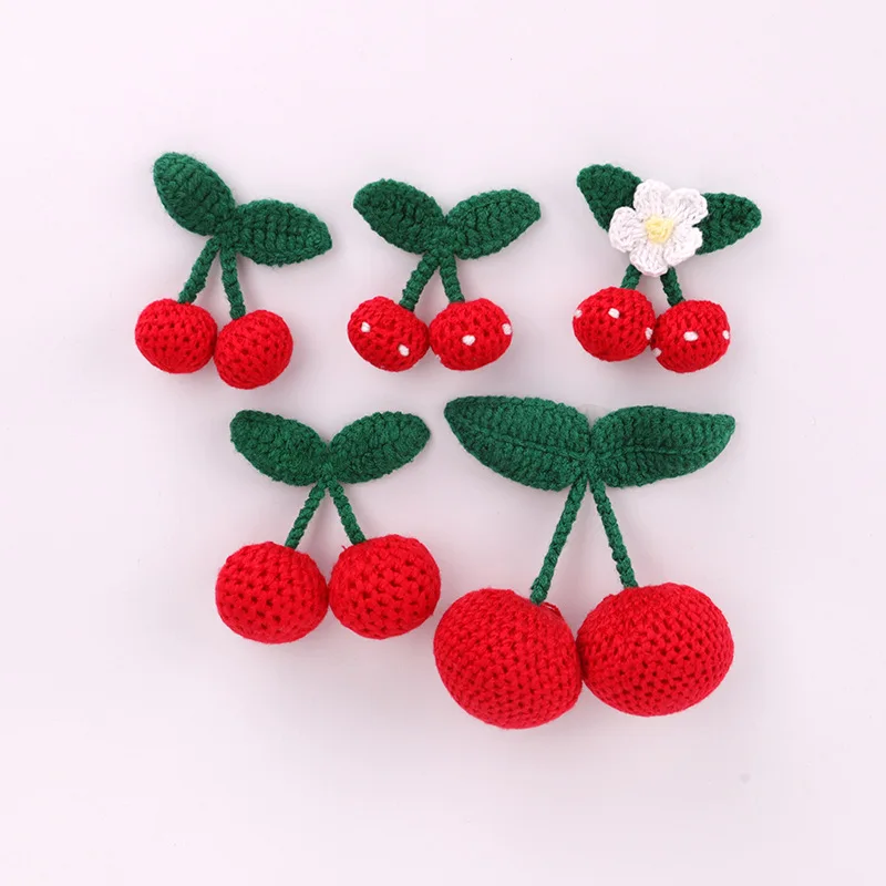 Crochet Fruit Ornament 5Pcs 2CM Braid Hand Hook Cherry Hand-knitted Green Leaf Red Cherries Crafts DIY Pendant Clothing Accessories cereja de croch&ecirc;