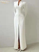 Clacive Sexy Slim White Women's Dress 2025 Fashion V-Neck Long Sleeve Ankle Length Dresses Elegant Classic Slit Female Dress - Image 2