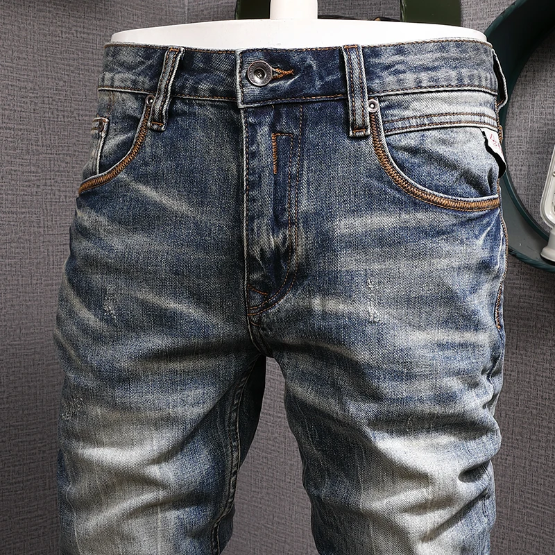 Newly Fashion Vintage Men Jeans High Quality Retro Blue Elastic Slim Ripped Jeans Men Long Trousers Designer Denim Pants Hombre