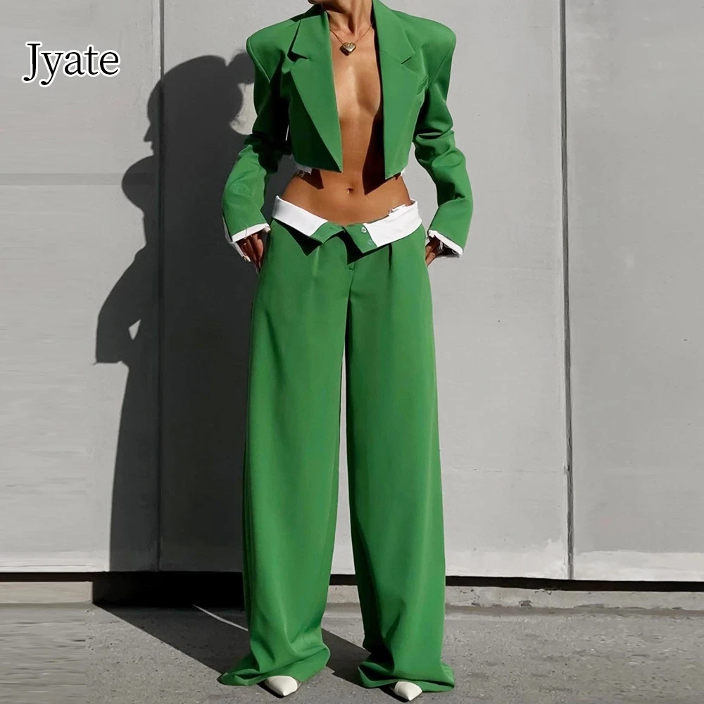 

Jyate French Long Sleeve Short Suits Wide Leg Pants New Two Piece Set Women Green Blazer Contrasting Colors Pants Sets Clothes